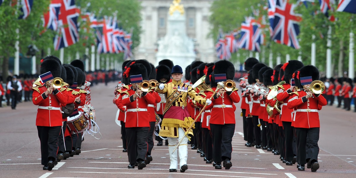 Band of the Coldstream Guards marching down the Mall in London, 2017